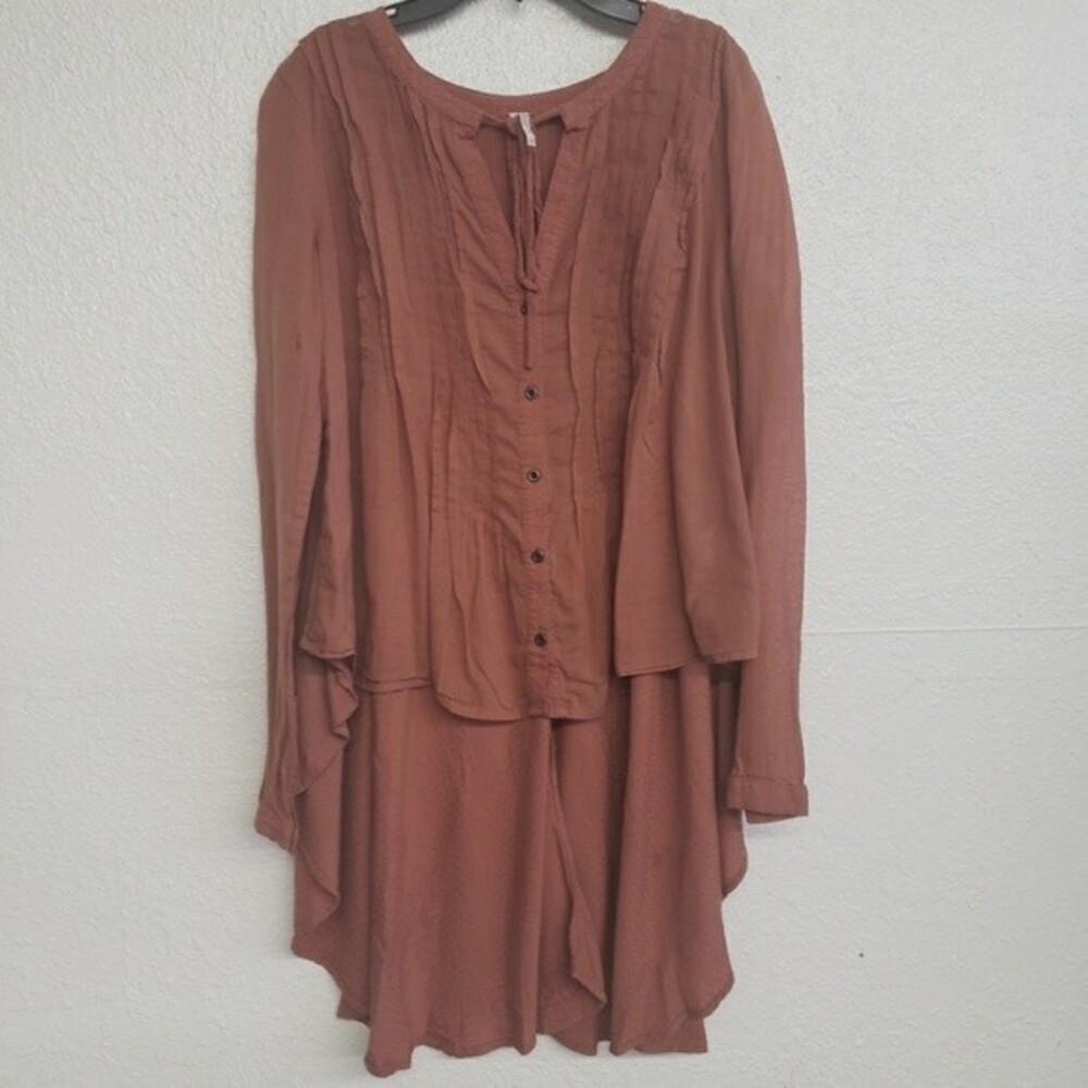 Free People Brown Long Sleeves Boho Peasant Embroidered high low top